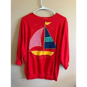 Vintage Red Sailboat Graphic Sweatshirt 80s 90s Nautical Top Women's Size S M